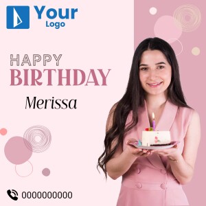 A woman holding a birthday cake with the text 'Happy Birthday Marissa'