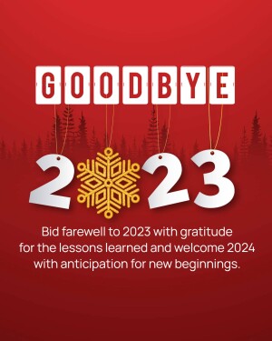 Goodbye 2023 New Year graphic with snowflake and text