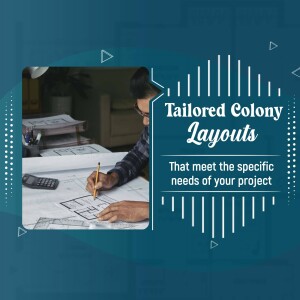 Architect working on blueprints with text overlay 'Tailored Colony Layouts'