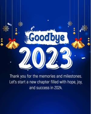Goodbye 2023 graphic with bells and snowflakes