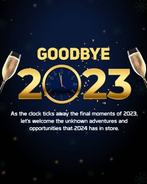 New Year's Eve image with champagne glasses and a clock striking midnight