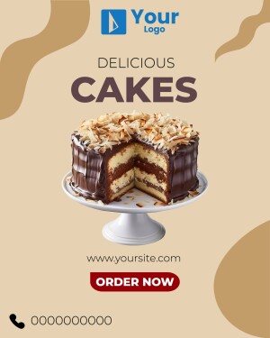 Advertisement for delicious cakes with a chocolate cake image and call to action.