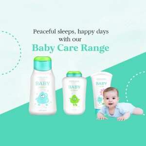 Baby care products including baby wash, lotion, and cream with a cute baby.