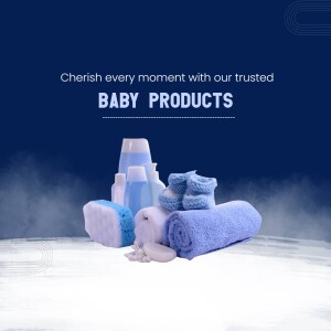 Baby products including bottles, towels, and booties on a blue background.
