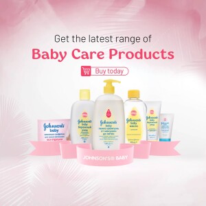 Advertisement for Johnson's Baby Care Products with bottles, lotion, and powder.