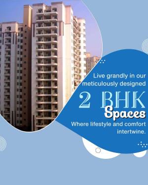 Modern apartment building with advertisement for 2 BHK spaces