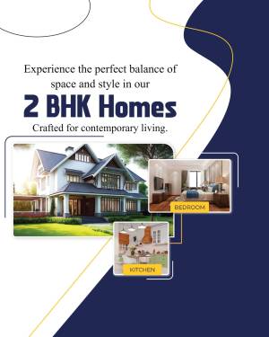 Advertisement for 2 BHK homes with images of a house exterior, bedroom, and kitchen.