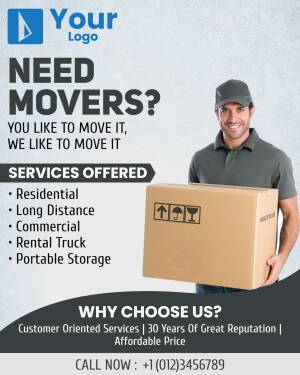 Advertisement for moving services with a mover carrying a box.