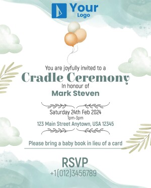 Baby shower invitation with balloons and clouds