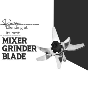Close-up of a stainless steel mixer grinder blade against a black and white background.