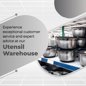 Stacks of stainless steel pots and pans on display at Utensil Warehouse.
