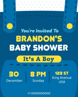 Baby shower invitation with denim overalls theme for Brandon