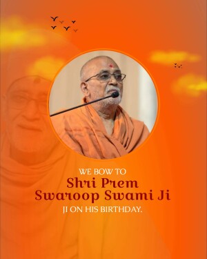 Portrait of Shri Swaroop Swami Ji with a celebratory message