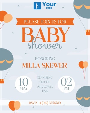 Baby shower invitation with hot air balloons and details for Milla Skewer