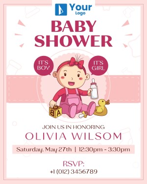 Baby shower invitation with a cute baby illustration and event details.