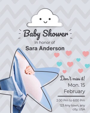 Baby shower invitation with a pregnant woman and cloud design.