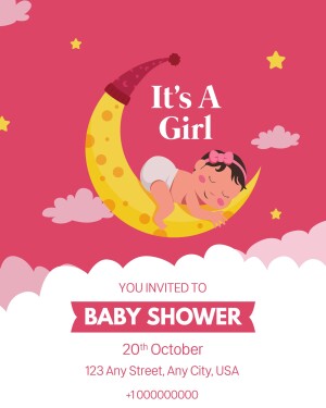Baby shower invitation with a baby sleeping on a crescent moon
