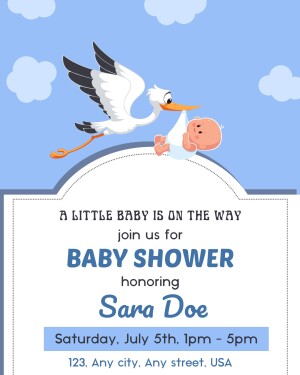 Baby shower invitation featuring a stork carrying a baby