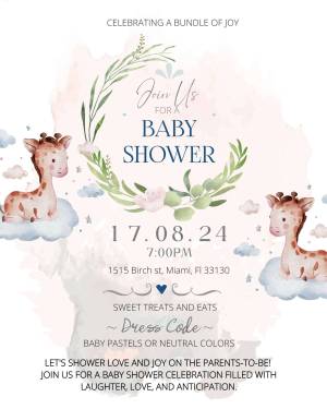 Watercolor baby shower invitation with giraffe illustration