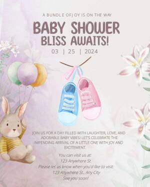 Watercolor baby shower invitation with balloons, baby shoes, and a bunny.