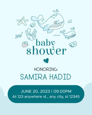 Baby shower invitation with whale illustrations and the name Samira Hadid