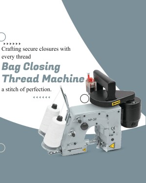 Close-up of a bag closing thread machine, showcasing its features and industrial design.
