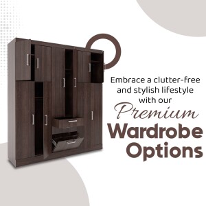 Dark brown wardrobe with open drawer and text promoting a clutter-free lifestyle.