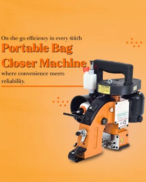 Close-up of a portable bag closer machine with orange and black color scheme