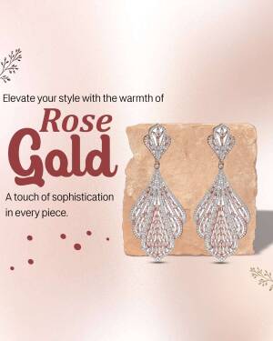Rose gold earrings on a textured background with text promoting the warmth and sophistication of rose gold.