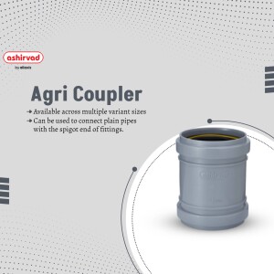 Close-up of an Ashirvad Agri Coupler, a grey plastic pipe fitting.