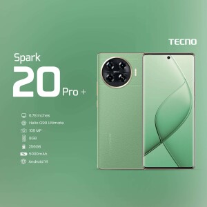 Tecno Spark 20 Pro+ in a green color scheme with specifications listed.