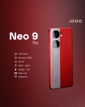 Red iQOO Neo 9 Pro smartphone with specifications listed