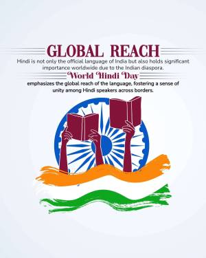 World Hindi Day graphic with Indian flag and hands holding books