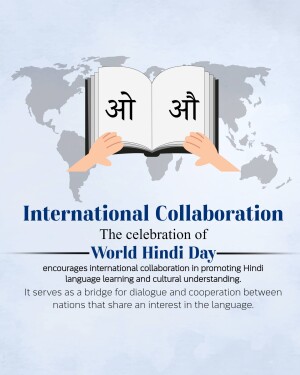 Image depicting an open book with Hindi script 'ॐ' over a world map, celebrating International Hindi Day.