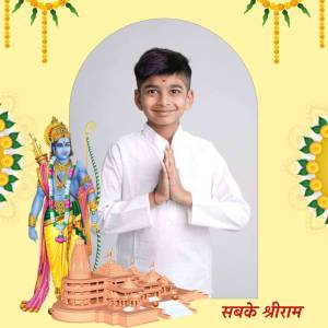 A young boy with folded hands in front of an image of Lord Rama and a Ram Temple model.
