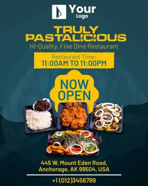 Restaurant advertisement featuring delicious food and opening hours.