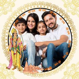 Family portrait with Lord Ram imagery for Ram Navami
