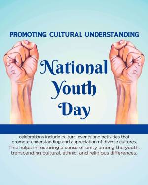 Image promoting National Youth Day and cultural understanding with raised hands and text.