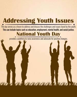 Silhouette of diverse youth raising hands with text 'Addressing Youth Issues' and 'National Youth Day'