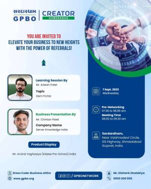 Event invitation for GPBO Ahmedabad business referral session with speakers and details.