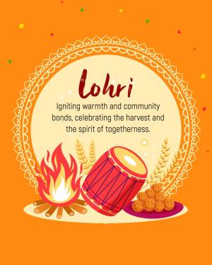 Lohri festival greeting with bonfire, dhol drum, and sweets.
