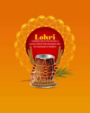 Lohri festival graphic with dhol drum, sweets, and wheat stalks