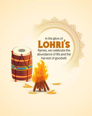 Illustration of a Dhol drum, bonfire, and festive text for Lohri