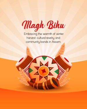 Magh Bihu festival illustration with traditional instruments and harvest elements.