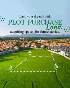 Aerial view of a green field with outlined plots and text promoting a land purchase loan.
