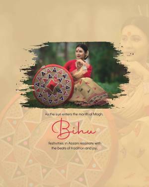 A woman in traditional Assamese attire celebrating Bihu with a Jaapi hat.