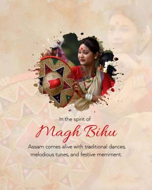 A woman holding a traditional musical instrument during Magh Bihu festival in Assam