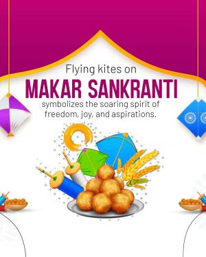 Makar Sankranti festival graphic with kites, sweets, and traditional elements.