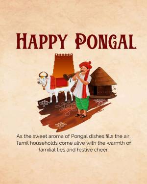 Pongal festival illustration with a farmer, cow, and traditional hut