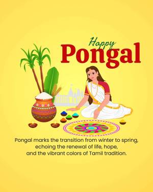 Illustration of a woman celebrating Pongal festival with traditional decorations.